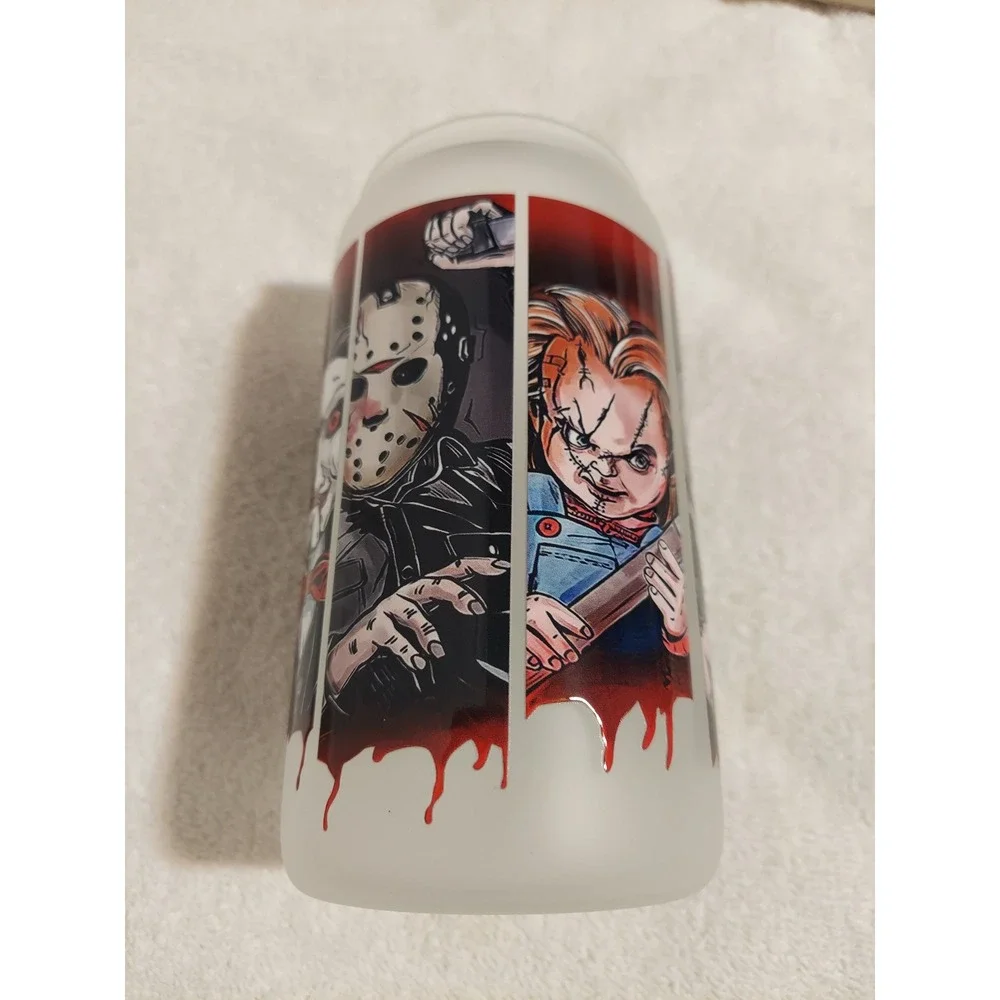 Horror Movie Characters Frosted Glass Tumbler with Straw & Bamboo Lid‎